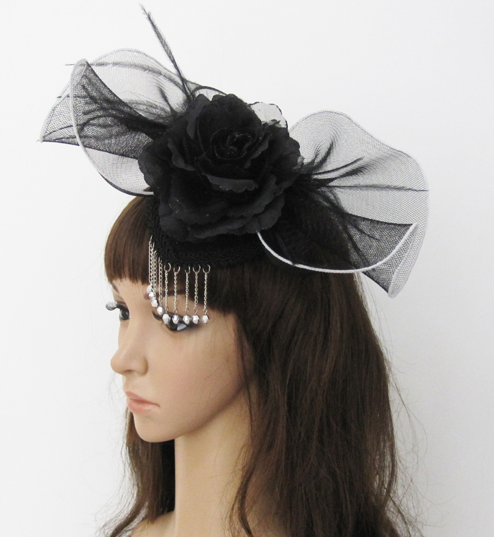 SWEETDAY Black hair accessory with flower and feather Feather Flower Veil Fascinator Mini Top Hat(China (Mainland))
