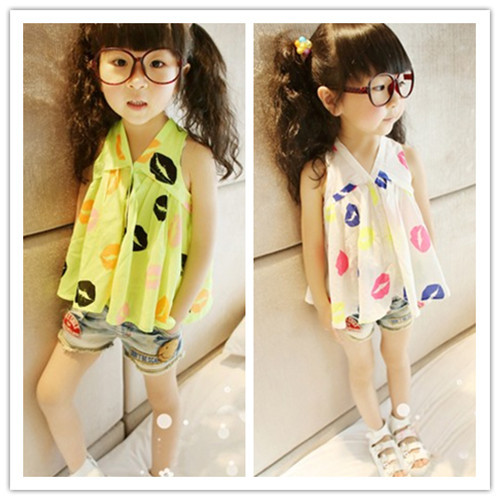 Free shipping,New Summer 2013 kid's wear fluorescent lip print chiffon sleeveless girls vest,wholesale A238(China (Mainland))