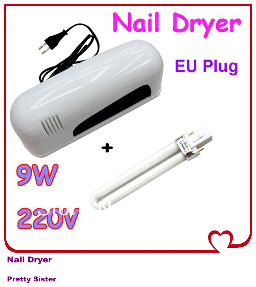 Free shipping 9W White UV Lamp 110V-220V Gel Curing Nail Art (EU / US Plug) with 1pcs 365nm UV Bulb ITEM NO.13051606(China (Mainland))