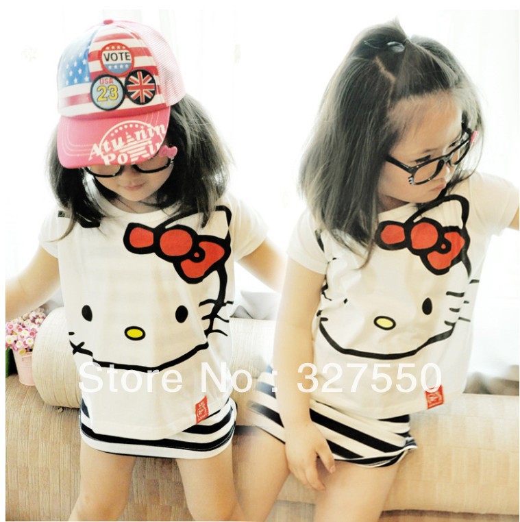 Summer Cute Cotton Girls Casual Clothing suit Striped Tanktop Dress +Hello Kitty T-shirt Lovely girls outfits summer setGQ-246(China (Mainland))