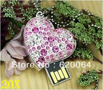 Wholesale Real Full Capacity !Diamond crystal heart USB Flash Memory Pen Drive Stick 4/8/16/32GB U47 20pcs/lot(China (Mainland))