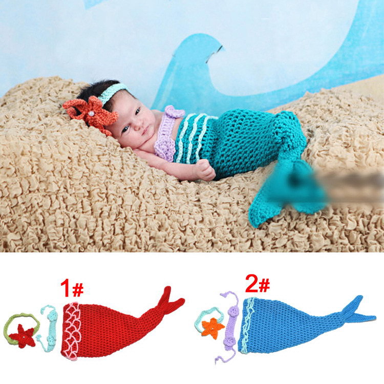 MZ1350 3-12 Months Baby Girls Cosplay Costumes Crocheted Mermaid Clothing Sets Knitting Knitted Headband Flower 2 Colors(China (Mainland))