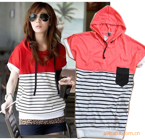 2013 new Korean foreign trade striped short-sleeved hooded sweater female models cotton stock women's T-shirt(China (Mainland))
