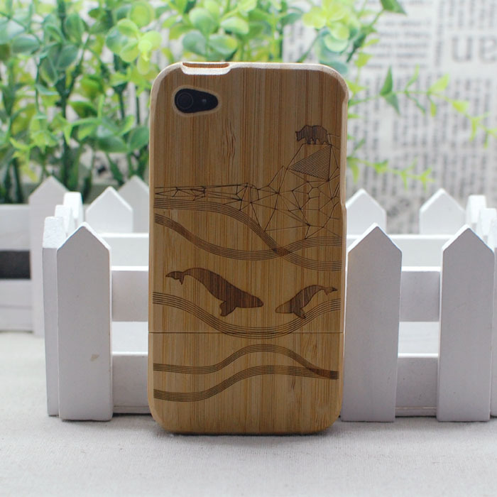 100% Hand Made Real Natural Bear & Seals Bamboo Wood Wooden Hard Case Cover For iPhone 4 4S(China (Mainland))
