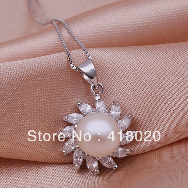 Wholesale Popular Fashion Jewelry, 18K White Gold Filled Zircon Freshwater Pearl Pendant Necklace for Women, Free Shipping(China (Mainland))