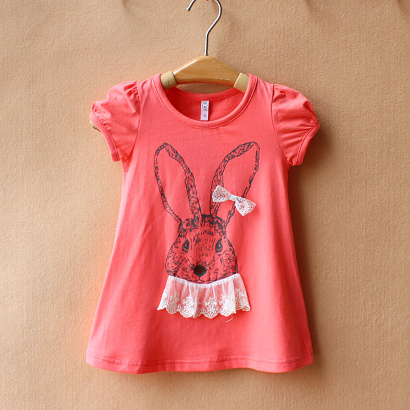 Summer cartoon rabbit 2013 100% cotton short-sleeve long design children white lace shirt for free shipping(China (Mainland))