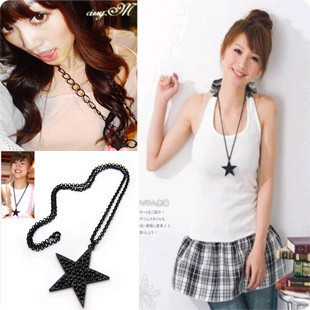 (Min order$12) E4215 queer accessories full rhinestone black five-pointed star long necklace Free shipping(China (Mainland))