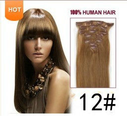 15inch 38cm 7pcs clip in 100% human hair extensions 7pcs/pack clip in human hair extension #12 Light brown 70gram(China (Mainland))