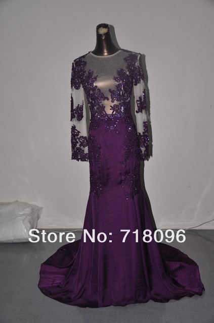 2013 Zuhair Murad Couture Real Pictures Tulle with Chiffon Long Sleeve Beaded Appliques Floor Length Prom Dress Evening Gown(China (Mainland))