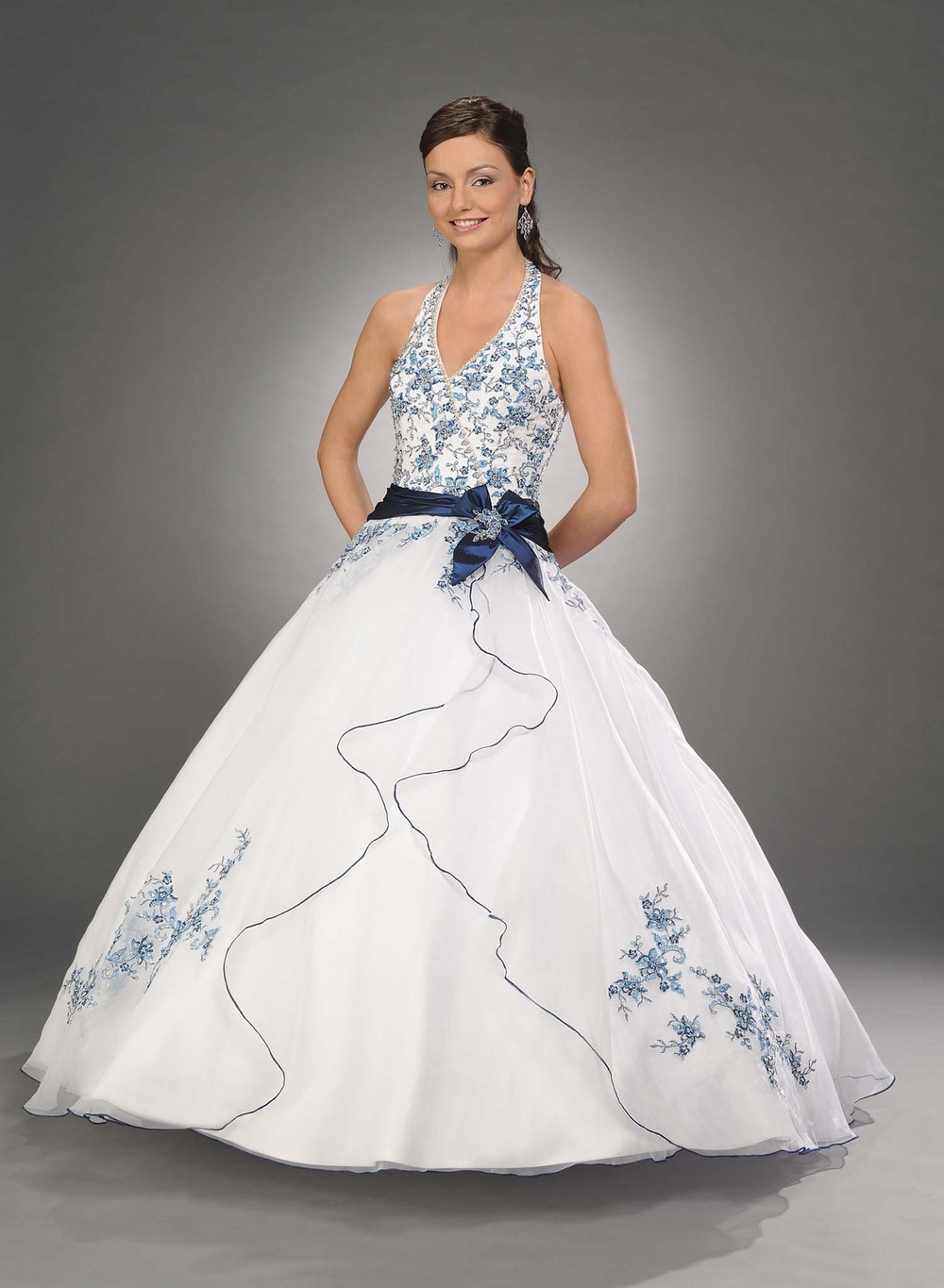 Halter and V Neck Zipper Floor Length Embroidery And Beading Sash Bow Lower Back Blue White