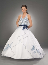 Halter and V-Neck Zipper Floor Length Embroidery And Beading Sash Bow Lower Back Blue White Quinceanera Dresses
