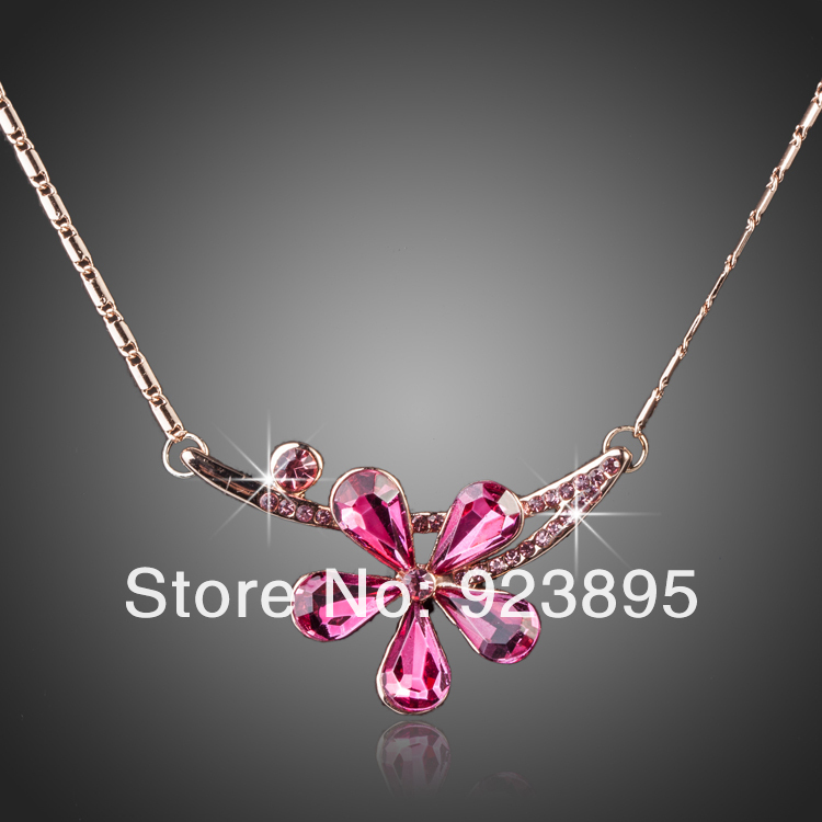 Free shipping !! Alibaba express pink crystal rhinestone flower gold chain necklace 2013 KN537-4(China (Mainland))