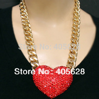 Rhinestone Heart Toogle Link Chain Necklace, red/gold/silver color