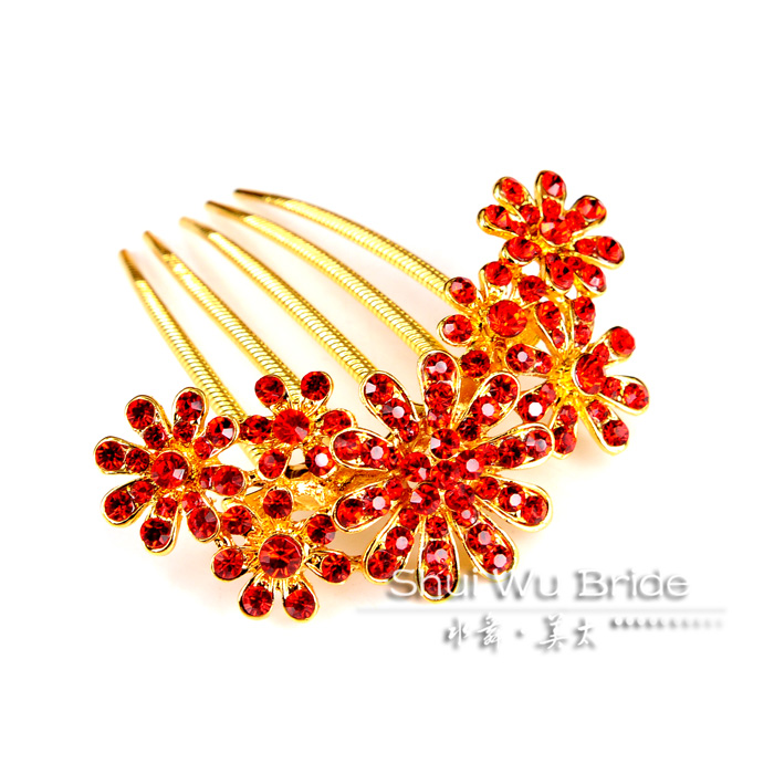 Water red bride hair flowers accessory rhinestone hair accessory costume comb hair stick marriage accessories(China (Mainland))