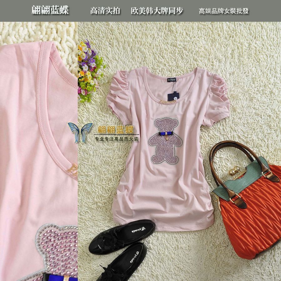 Bj 2013 spring and summer bucenu jeans princess sleeve rhinestones bear pleated sweep 100% cotton short-sleeve T-shirt 6716(China (Mainland))