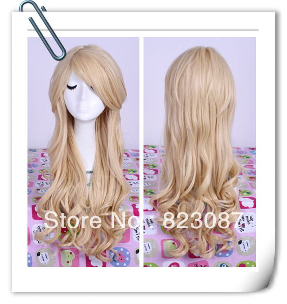 Free shipping Blonde long culy wave synthetic party costume cosplay wig.85cm.Stock(China (Mainland))