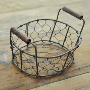 Japanese style small ellipse wooden handle iron wire retro finishing storage basket storage box zakka(China (Mainland))