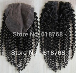 New Arrival:Retail,Brazilian Virgin Hair,Lace Closure,4''*4'',Kinky Curl,16'',Natural Black,8''-24'',Bleachde Knots(China (Mainland))