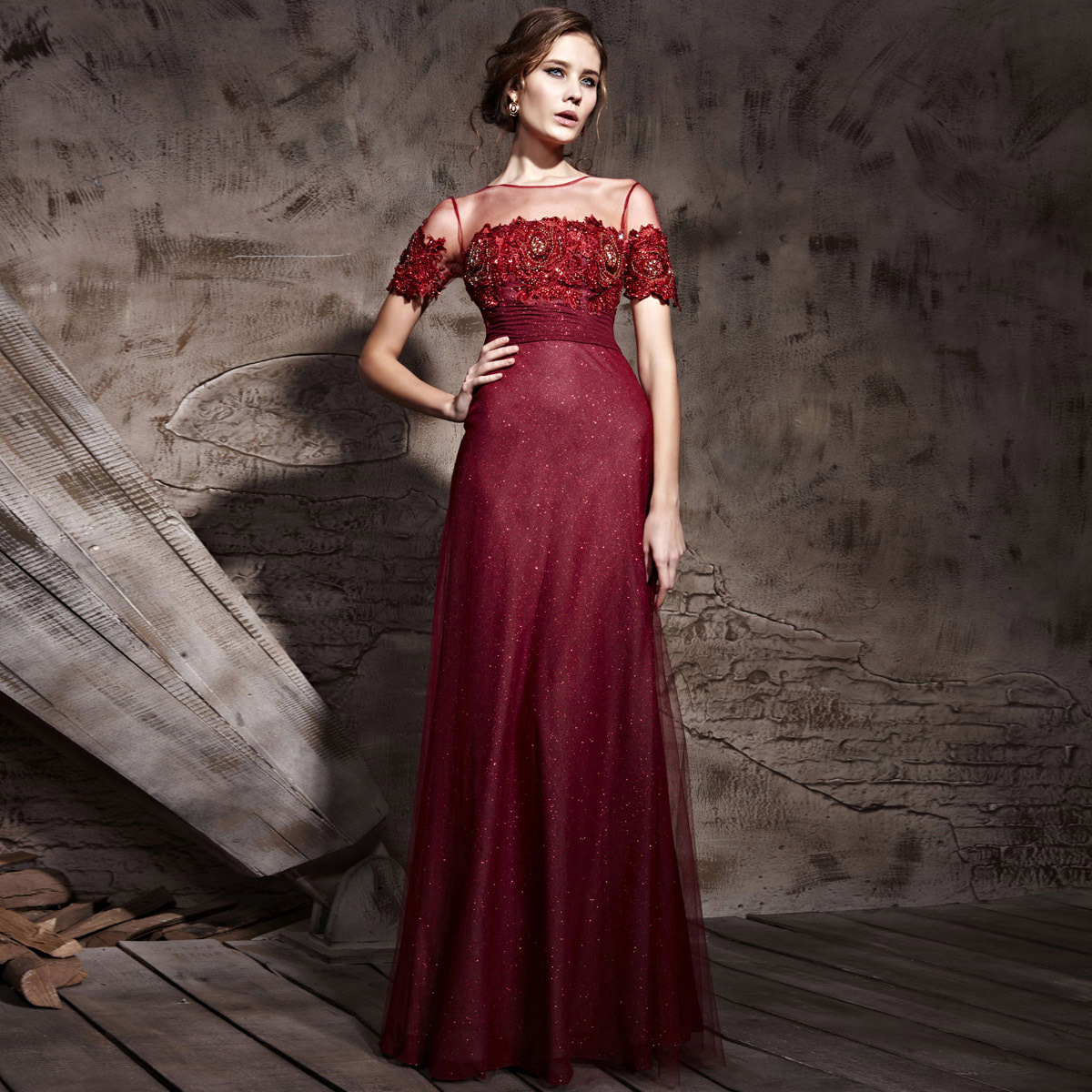 Creative fox Wine red evening dress noble diamond gold lace embroidered formal dress short-sleeve formal dress 81226(China (Mainland))