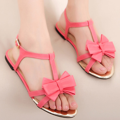 Summer 2013 fashion ladies cute t strap flat sandals with bowtie women high quality comfortable flat sandals pink black for sale(China (Mainland))