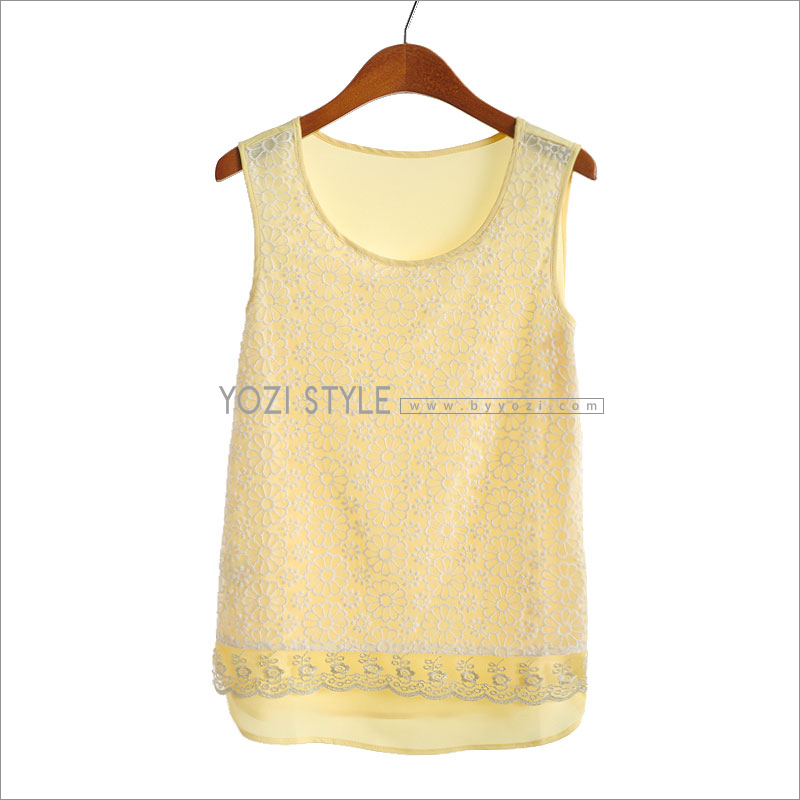 Free shipping 2013 summer women's o-neck lace bronzier straight version of patchwork chiffon vest top ag722(China (Mainland))