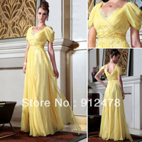 Free Shipping Dorisqueen 2013 New Arrival Yellow Long V-neck Cap Sleeve Prom Dresses Formal Evening Dress Gowns For Women 30819