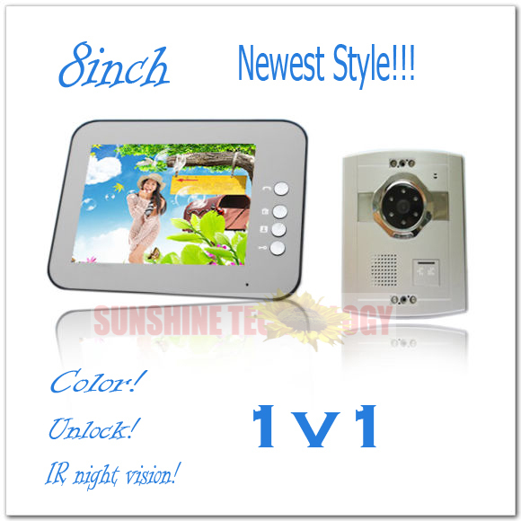 Newest style 8inch color video door phones intercom systems (Unlock,Handsfree,Night vision) Free shipping(China (Mainland))