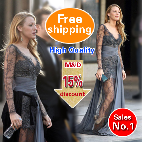 Free Shipping Gossip Girl Blake Lively Zuhair Murad Long Sleeves Lace Grey Evening Dresses Evening Gown 2013 Prom Dress (MDe908)(China (Mainland))