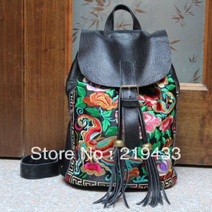 free shipping handmade china ethnic style genuine leather backpack folk style embroidery pattern bag beautiful design DIY bag(China (Mainland))