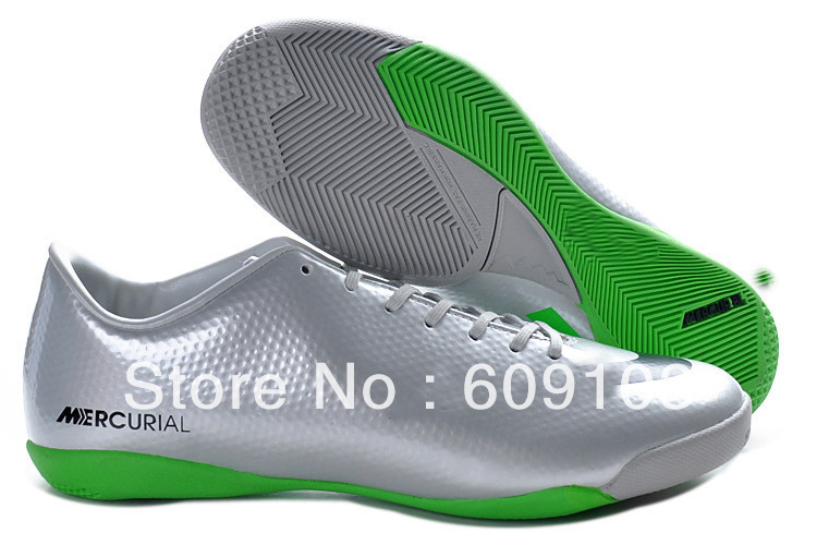 2013 Free Shipping Brand New Mens Soccer Football Shoes Cleats Boots IC - Silver / Black / Green Euro Size 39-45(China (Mainland))
