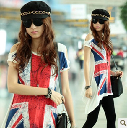 2013 New Fashion women Flag Printed T-shirt Women's Loose Plus Size Cotton Tops Summer Casual T-shirts Free Shipping TS-266(China (Mainland))