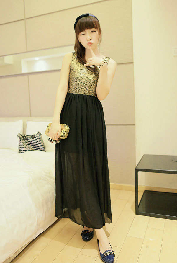 Fashion sexy 746 V-neck gold lace patchwork chiffon full dress one-piece dress real pictures with model free shipping(China (Mainland))