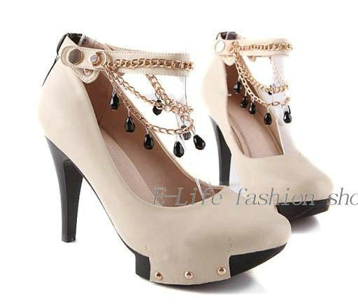 Women Leather Shoes 2013 spring rivet platform chain beaded strap ultra shoes Party high heels shoes