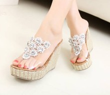 Wholesale womens sandals fashion lace flower beading clear wedges high heels slippers shoes k-666-3