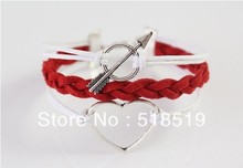 12PCS/LOT!Free Shipping!Silver Alloy Heart Leather Wax Rope Cuff Bracelet Charm Fashion Cupid Women Costume Jewelry A-506