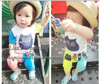 New arrival 2013 color matching owl baby girl set girl' s summer suit