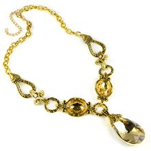 antique gold colored chain necklace with oversized topaz glass stones pendant jewelry,NL-2075