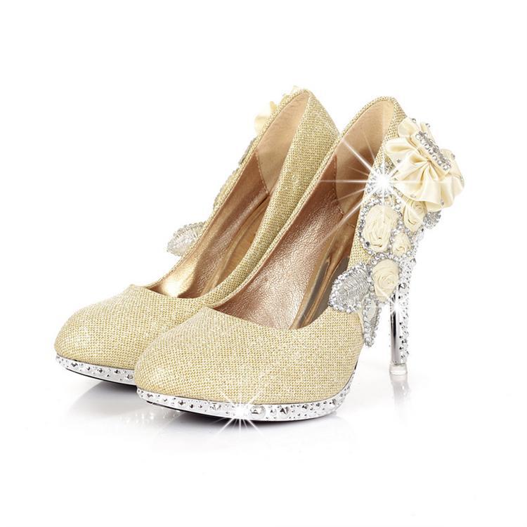 NEW RED and golden Princess wedding the bride High heels shoes diamond crystal shoes