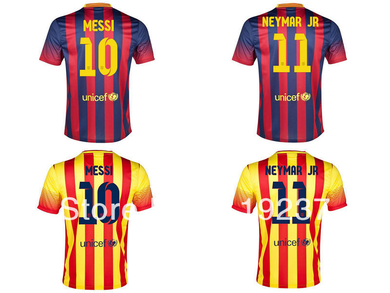 Free shipping 13/14 new home Red blue soccer jersey #11 NEYMAR MESSI top thai quality football shirts(China (Mainland))