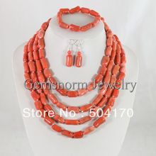 Splendid 4 Rows Pink Coral Necklace Set 2013 Bridesmaid Coral Wedding Jewelry Set Free Shipping CNR024