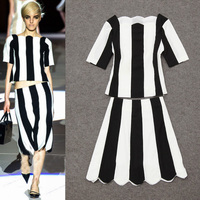 Hot 2013 Runway Fashion Black and White Stripes Petal Neckline Tops With Matching A-line Skirts SS13162 Two-pieces Suits