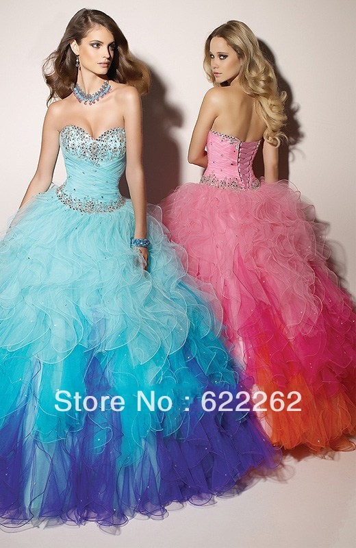 Popular High Quality Ball Gown Sweetheart Beaded Organza Three Colors Beads Blue Quinceanera Dresses