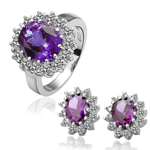 S050 Wholesale 18K Gold Plated Jewelry Sets Fashion CZ Jewellery Ring+Earrings With SWA Element Purple Crystal For Wedding(China (Mainland))