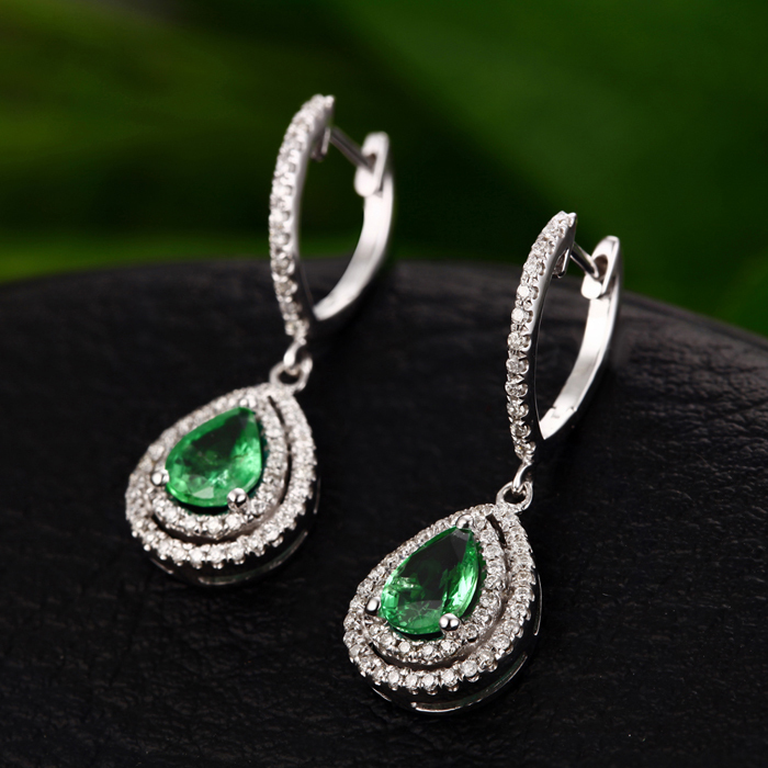 Wholesale 14K White Gold 5x7mm Pear Cut Natural 1.49ct Emerald Engagement Brilliant Cut Diamond Earrings Free Shipping(China (Mainland))
