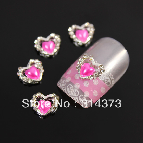 100pcs / lot 7x7mm Lovely Double Heart Rose Pink Imitation Pearl Beads 3D Alloy Metal Nail Art Cellphone Salon Beauty Decoration(China (Mainland))