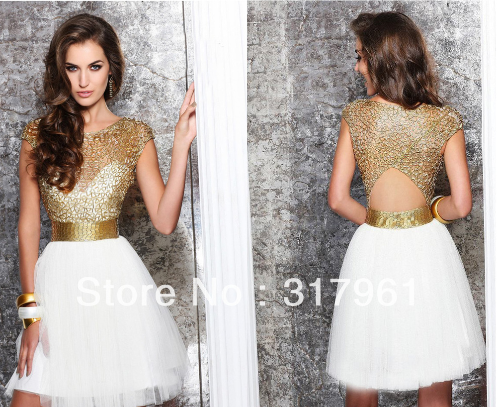Gold And White A Line High Neck Mini Cocktail Dresses With Short Sleeves Beaded Party D Gold Cocktail Dress Cocktail Dress Maternity Plus Size Cocktail Dresses