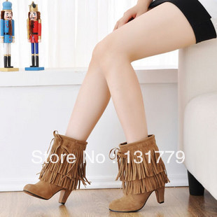Free shiping female shoes high heeled tassel boots ankle boots plus size high heels Slip On