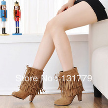 Free shiping female shoes high heeled tassel boots ankle boots plus size high heels Slip On