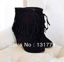 Free shiping female shoes high heeled tassel boots ankle boots plus size high heels Slip On