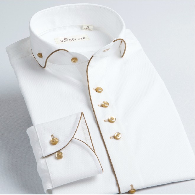 white dress shirt with gold buttons